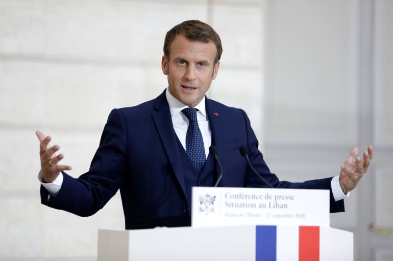 French President Emmanuel Macron speaks during a press conference on the political and economical situation in the Lebanon