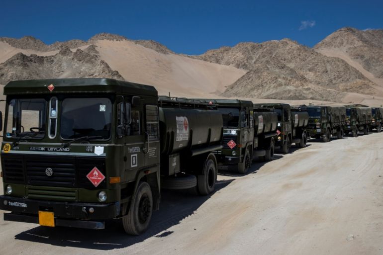 Military trucks carrying supplies move towards forward areas in the Ladakh region