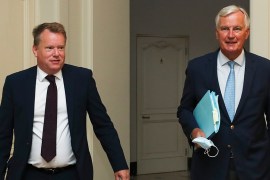 European Union chief Brexit negotiator Michel Barnier, right, and the British Prime Minister''s Europe adviser David Frost arrive for Brexit trade talks between the EU and the UK, in Brussels, Friday,