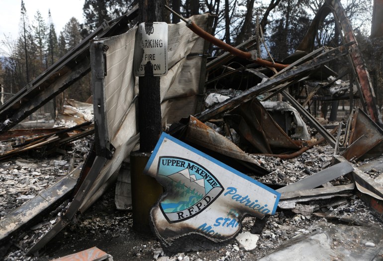 A destroyed fire station in Blue River, Oregon