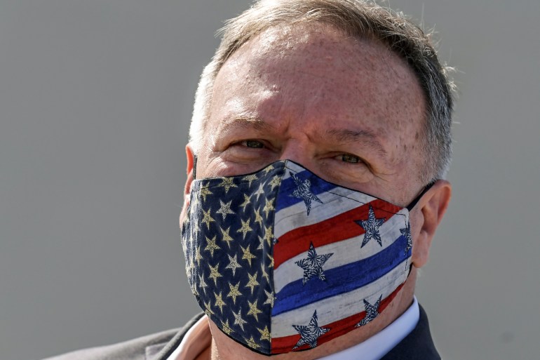 U.S. Secretary of State Mike Pompeo wears a protective face mask as he visits the Naval Support Activity base at Souda, Crete, Greece September 29, 2020.