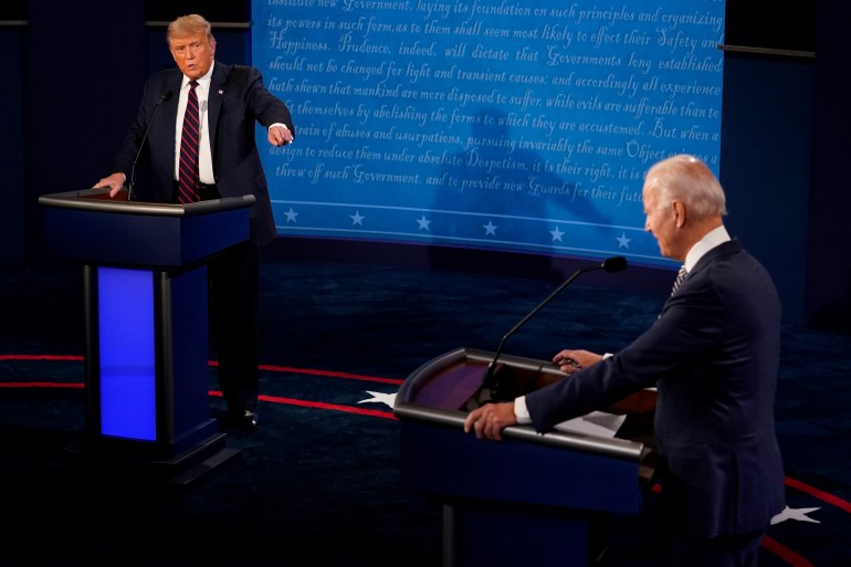 President Donald Trump and Democratic presidential nominee Joe Biden traded personal insults in the first 2020 presidential campaign debate held on the campus of the Cleveland Clinic at Case Western Reserve University in Cleveland, Ohio, [Morry Gash/Pool via Reuters]