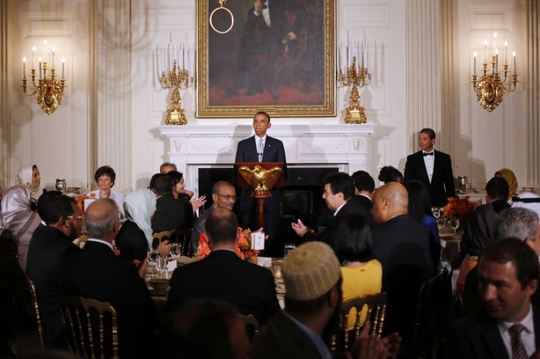 President Barack Obama speaks as he hosts an Iftar dinner, which celebrates the breaking of fast during t