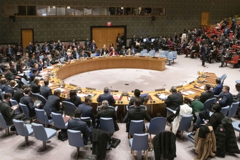 This January 9, 2020, image obtained from the United Nations shows a general view of the Security Council meeting on maintenance of international peace and security and upholding the United Nations Ch