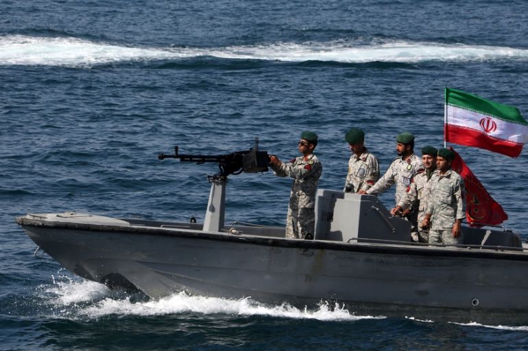 Iranian soldiers take part in the "National Persian Gulf day" in the Strait of Hormuz, on April 30, 2019. The date coincides with the anniversary of a successful military campaign by Shah Abbas the Gr