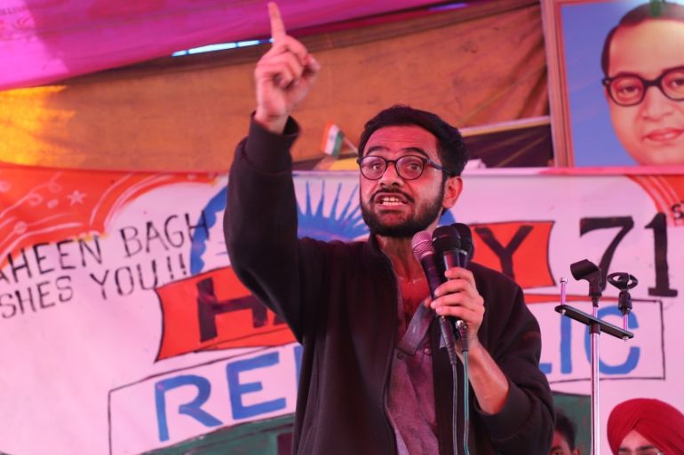 JNU former student and social activist Umar Khalid speaks at Shaheen Bagh during a protest against the Citizenship Amendment Act and NRC in New Delhi, India on 26 January 2020 (Photo by Nasir Kachroo/