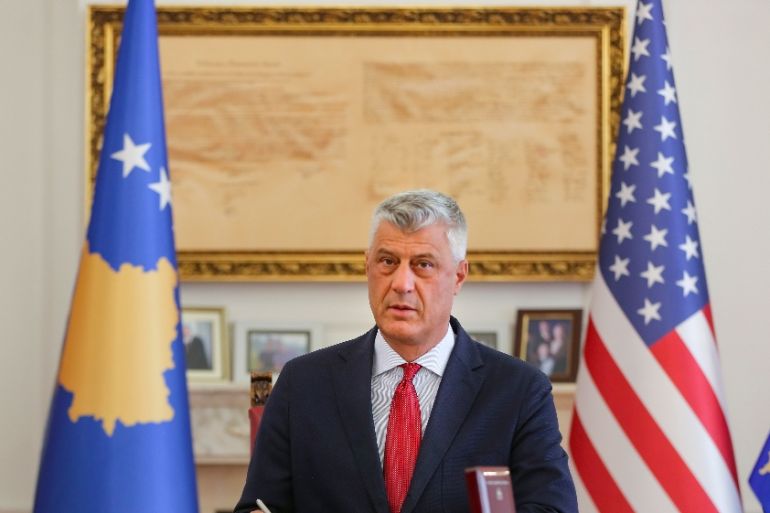 Kosovo''s President Hashim Thaci signs the Order of Freedom awarded to U.S President Donald Trump, in capital Pristina, Kosovo on Friday, Sept. 18, 2020. Kosovo''s president awarded U.S. President Donal
