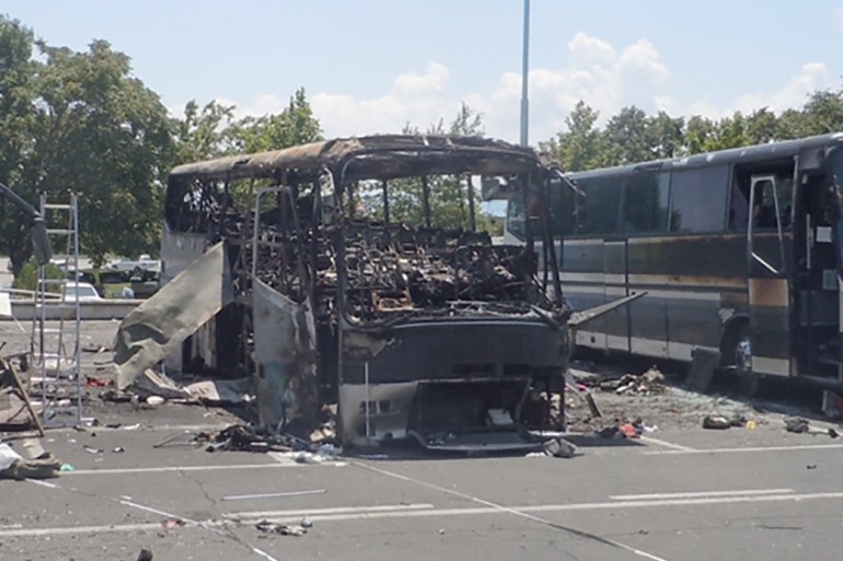 A handout picture taken and released on July 19, 2012 by the Bulgarian Interior Ministry shows the wreckage of a bus in Burgas after an explosion ripped through the bus on July 18, injuring more than