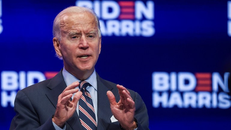 Democratic U.S. presidential nominee and former Vice President Joe Biden discusses his plans to develop and distribute a safe coronavirus disease (COVID-19) vaccine if elected president, during a camp