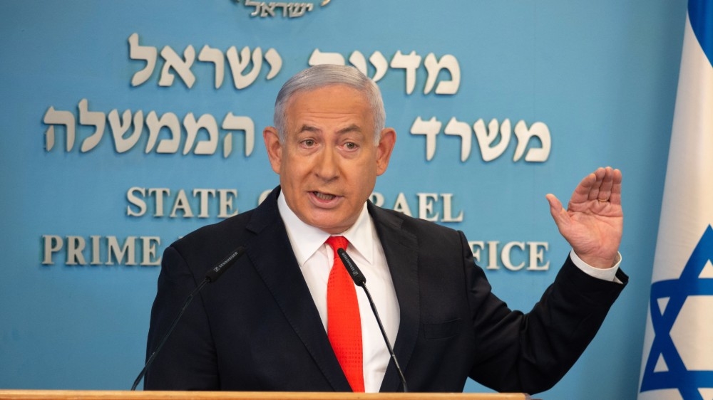 Israeli Prime Minister Benjamin Netanyahu gives a briefing on coronavirus developments in Israel at his office in Jerusalem, on September 13, 2020. Israel's government announced