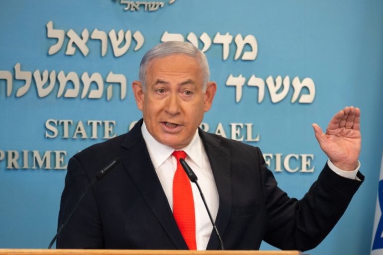 Israeli Prime Minister Benjamin Netanyahu gives a briefing on coronavirus developments in Israel at his office in Jerusalem, on September 13, 2020. Israel''s government announced