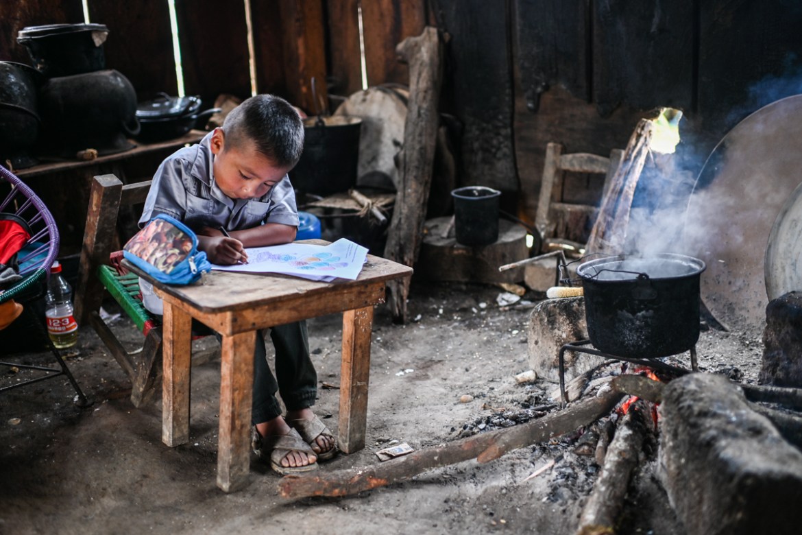 A boy member of the Santiago family, is homeschooled in San Miguel Amoltepec Viejo, Guerrero state, Mexico, on September 8, 2020, amid the COVID-19 coronavirus pandemic. - Teachers resist abandoning t