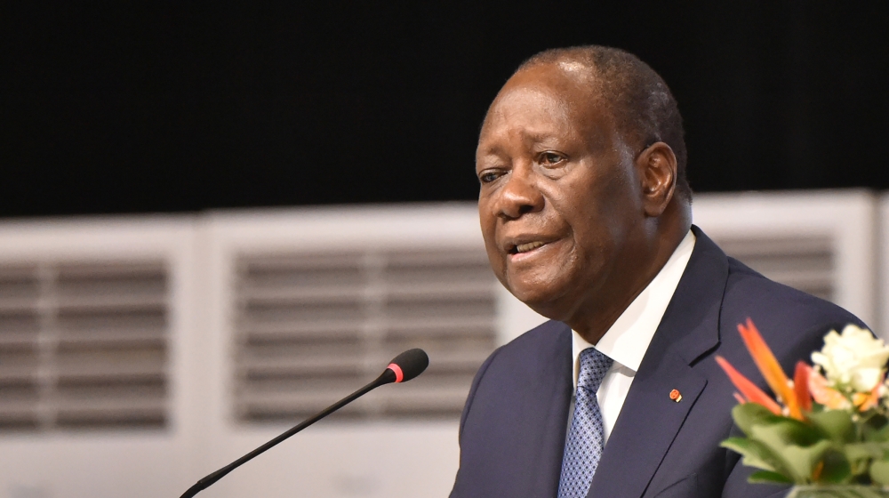 Ivorian President Alassane Ouattara attends a meeting of the Houphouëtists for Democracy and Peace (RHDP) concerning the party's candidate to the presidential elections to be held in October, at the I