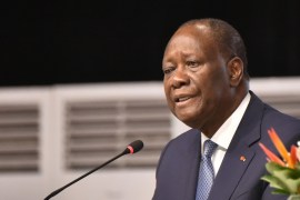 Ivorian President Alassane Ouattara attends a meeting of the Houphouëtists for Democracy and Peace (RHDP) concerning the party''s candidate to the presidential elections to be held in October, at the I