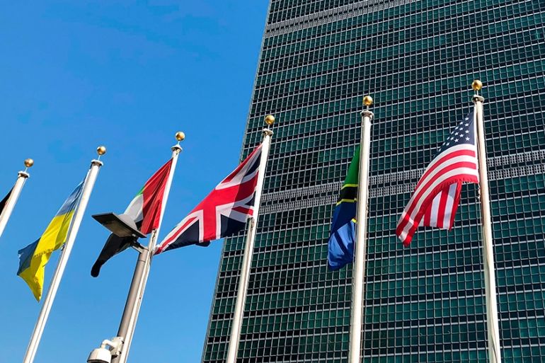 Flags fly outside the United Nations headquarters during the 74th session of the United Nations General Assembly, Saturday, Sept. 28, 2019. At this year''s annual gathering at the United Nations, well
