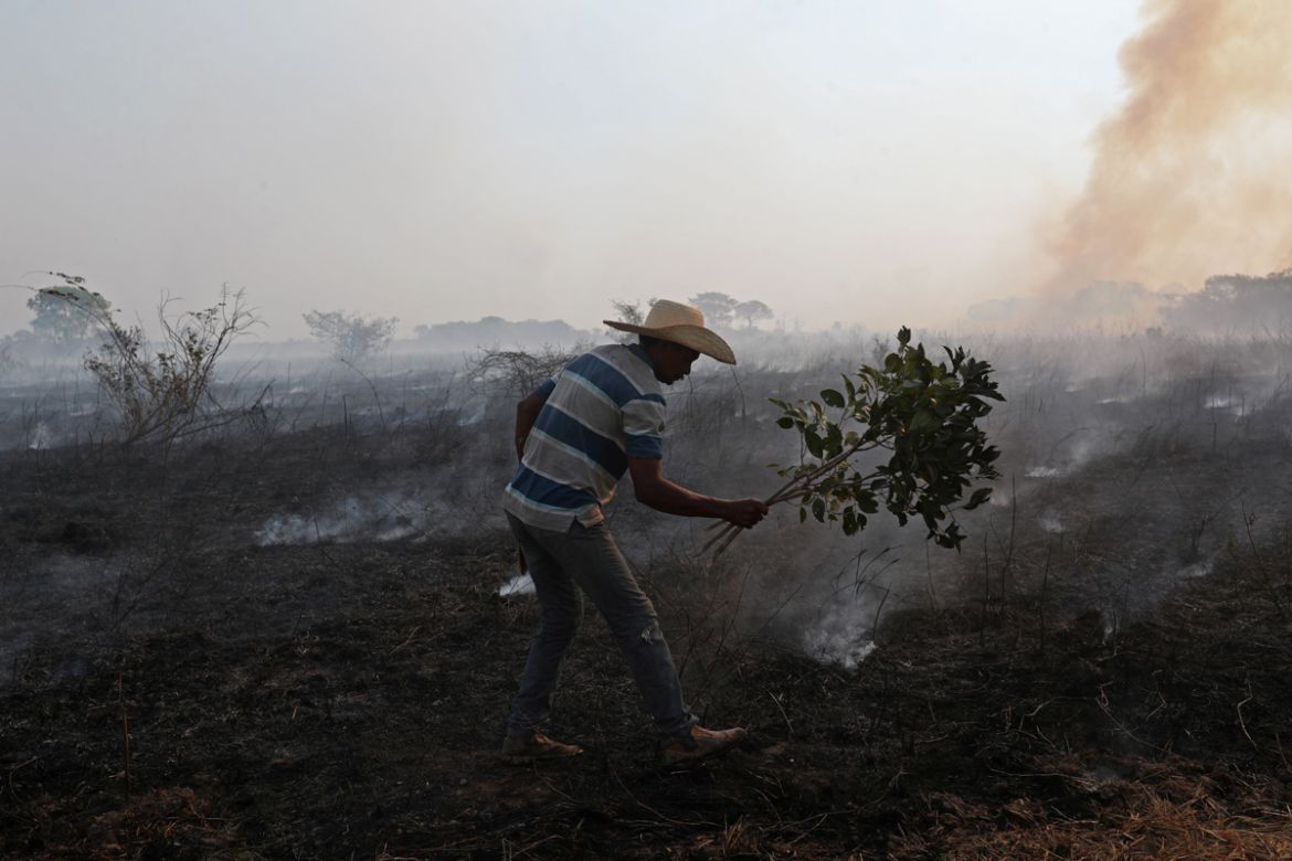 Dorvalino Conceicao Camargo, 56, who works on a ranch, attempts to put out a fire with a tree branch in the Pantanal, the world''s largest wetland, in Pocone, Mato Grosso state, Brazil, August 28, 2020