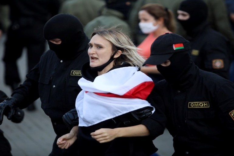 Belarusian opposition women supporters protest against presidential election results in Minsk
