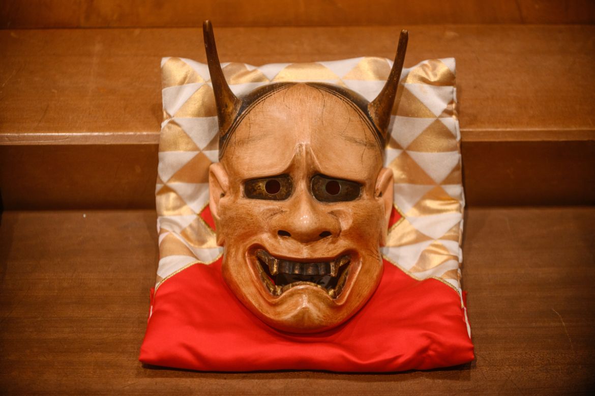 This photo taken on July 29, 2020 shows a mask displayed at the Kamakura Noh Theatre in the town of Kamakura in Kanagawa Prefecture, about one hour southwest of Tokyo. - The COVID-19 coronavirus pande