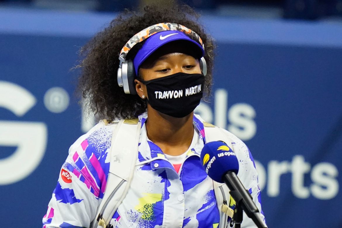 Naomi Osaka, of Japan, wears a Trayvon Martin mask before a fourth round match against Anett Kontaveit, of Estonia, at the US Open tennis championships, Sunday, Sept. 6, 2020, in New York. (AP Photo/F