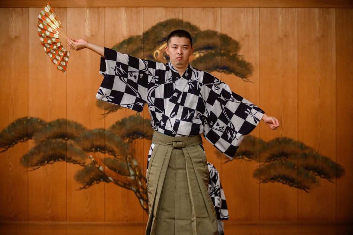 This photo taken on July 29, 2020 shows performer Kennosuke Nakamori taking part in a rehearsal at the Kamakura Noh Theatre in the town of Kamakura in Kanagawa Prefecture, about one hour southwest of