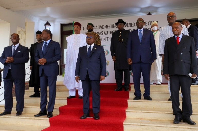Heads of state of the Economic Community of West African States (ECOWAS) pose after a consultative meeting in Accra