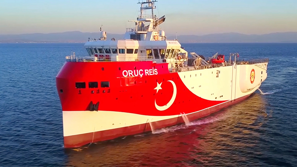 In this photo made from a video provided by the Turkish Energy Ministry on Wednesday, Aug. 12, 2020, Turkey's research vessel, Oruc Reis, is heading in the west of Antalya on the Mediterranean, Turkey