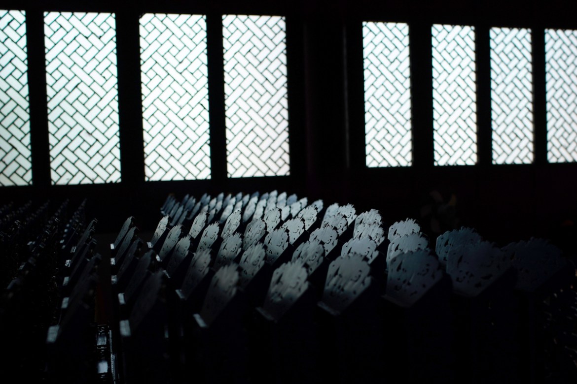 Memorial tablets are seen inside a hall at a Taoist temple Jiuyang Palace, in Laiwu of Jinan, Shandong province, China, September 7, 2020. A collection of 558 memorial tablets are inscribed with the n