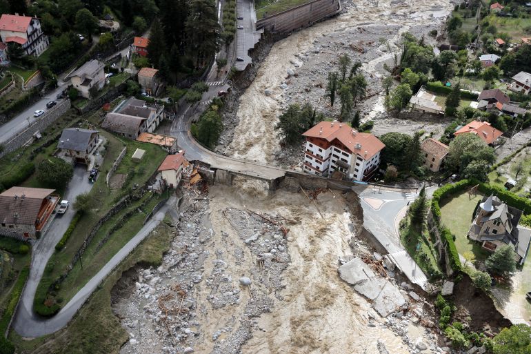 This aerial view taken on October 3, 2020 shows the damage in Saint-Martin-Vesubie, southeastern France, after heavy rains and floodings