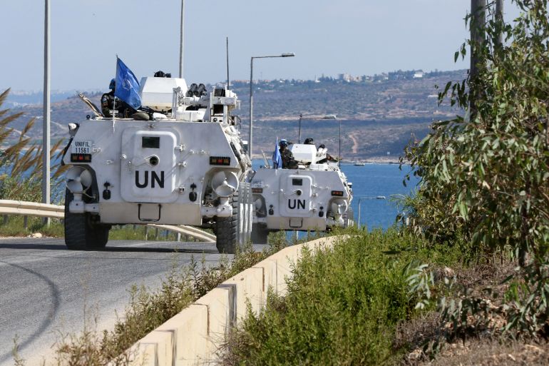 United Nations peacekeeping force (UNIFIL) vehicles patrol the Lebanese southern coastal area of Naqura by the border with Israel,
