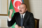 In this photo provided by the Azerbaijan&#39;s Presidential Press Office on Oct 20, 2020, Azerbaijani President Ilham Aliyev gestures as he addresses the nation in Baku, Azerbaijan [Azerbaijani Presidential Press Office via AP]