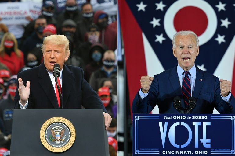 (COMBO) This combination of pictures created on October 30, 2020 shows US President Donald Trump speaks during a campaign rally at Manchester-Boston Regional Airport in Londonderry, New Hampshire on October 25, 2020.