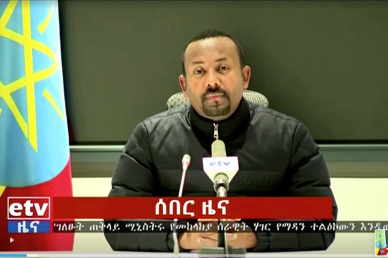 Ethiopian Prime Minister Abiy Ahmed addressing the nation in Addis Ababa, Ethiopia November 4