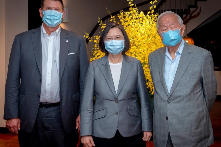 Taiwan President Tsai Ing-wen,center with U.S. Under Secretary of State Keith Krach at left and Morris Chang, former chairman of Taiwan Semiconductor Manufacturing Company (TSMC) pose for a photo inside Tsai's presidential residence in Taipei, Taiwan