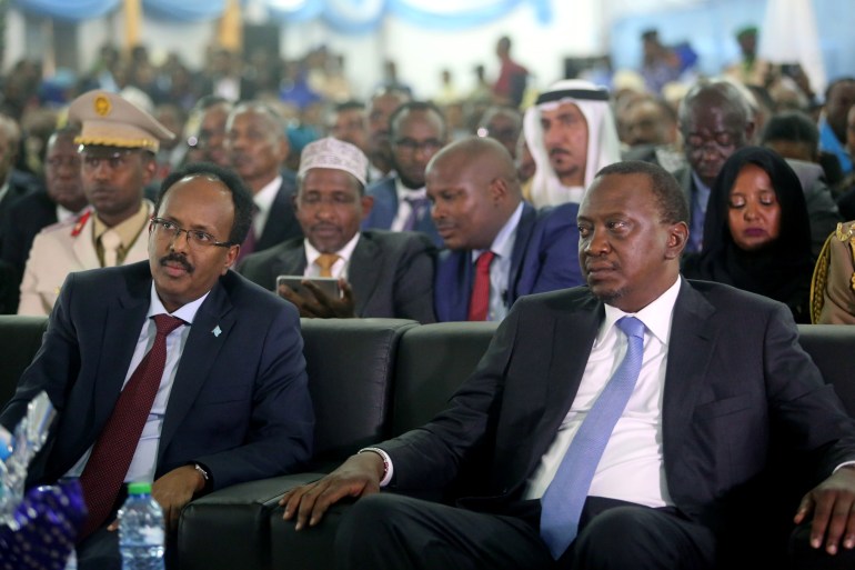 Somalia's President Mohamed Abdullahi Farmaajo and Kenya's President Uhuru Kenyatta listen to speeches during Farmaajo's inauguration ceremony in Somalia's capital Mogadishu [Feisal Omar/Reuters]