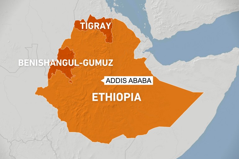 Map showing Benishangul-Gumuz in western Ethiopia, and Tigray in northern Ethiopia.
