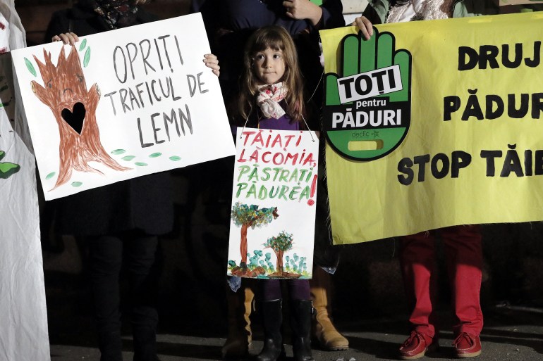 A Romanian girl stands between environmental activists marching against illegal and destructive deforestation in Bucharest on November 3, 2019. Her placards read: 'CUT THE GREED, KEEP THE FOREST!' [File: EPA/Robert Ghement]
