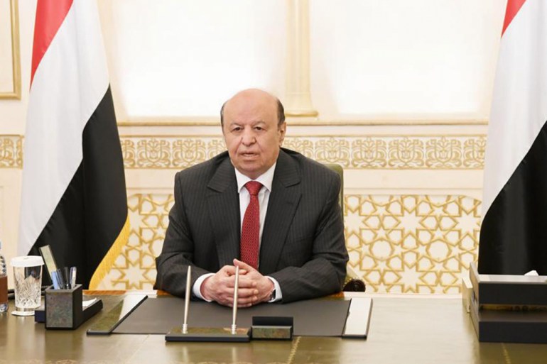 A handout photo made available by the Yemeni Presidency on September 24, 2020 shows President Abedrabbo Mansour Hadi delivering a speech from his residence in the Saudi capital Riyadh
