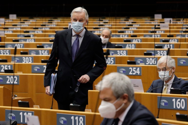 EU chief negotiator Michel Barnier arrives for a debate on future of EU-UK relations at a plenary session of the EU Parliament in Brussels [Olivier Hoslet/AFP]