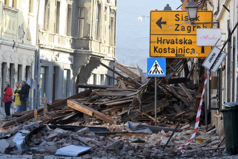 Damaged buildings in Petrinja, some 50kms from Zagreb, after it was hit by a magnitude 6.4 earthquake on Tuesday. At least 7 people were killed [Denis Lovrovic/AFP]