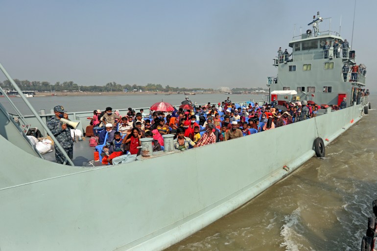 Rohingya refugees are transported on a naval vessel to Bhashan Char, or floating island, in the Bay of Bengal, from Chittagong, Bangladesh [File: AP Photo]
