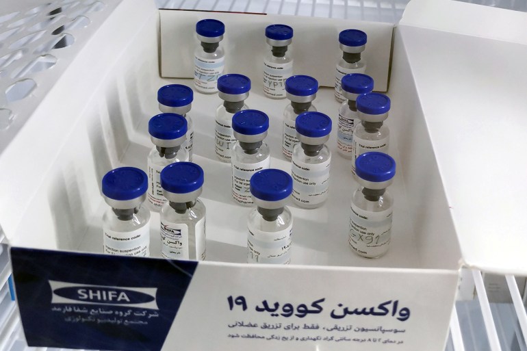 Vials of Iranian COVID vaccine candidate are seen during human testing in Tehran, Iran December 29, 2020 [File: Organization of the Execution of Imam Khomeini's Order/WANA via Reuters]