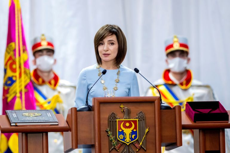 Moldovan President Maia Sandu delivers a speech during an inauguration ceremony in Chisinau, Moldova.
