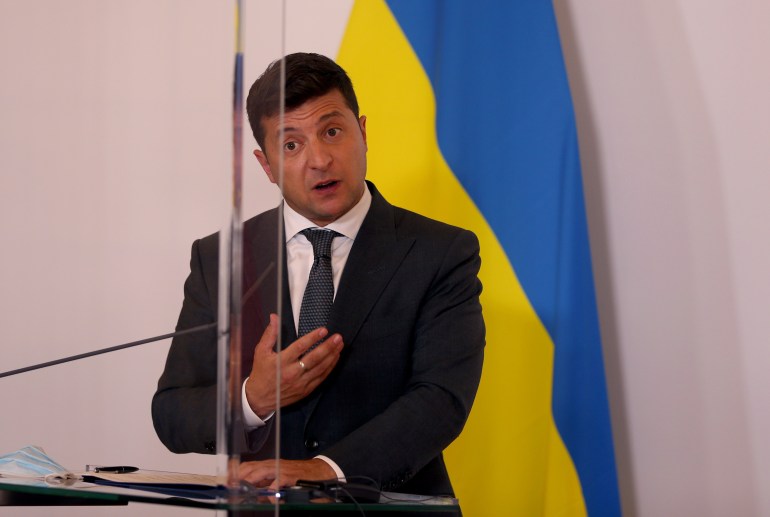 President of Ukraine Volodymyr Zelensky speaking