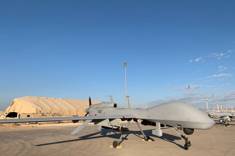 A picture taken on January 13, 2020, during a press tour organised by the US-led coalition fighting the remnants of the Islamic State group, shows US army drones at the Ain al-Asad