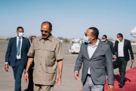 Ethiopia&#39;s Prime Minister Abiy Ahmed travelled to Asmara to meet Eritrea&#39;s President Isaias Afwerki on March 25, 2021 [Aron Simeneh/Office of the Prime Minister of Ethiopia via AFP]