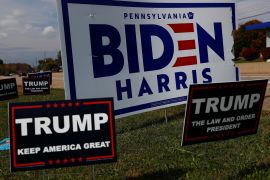Campaign signs for Biden and Trump during the 2020 election.