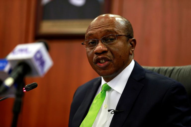 Nigeria's now suspended Central Bank Governor Godwin Emefiele briefs the media during the MPC meeting in Abuja, Nigeria January 24, 2020
