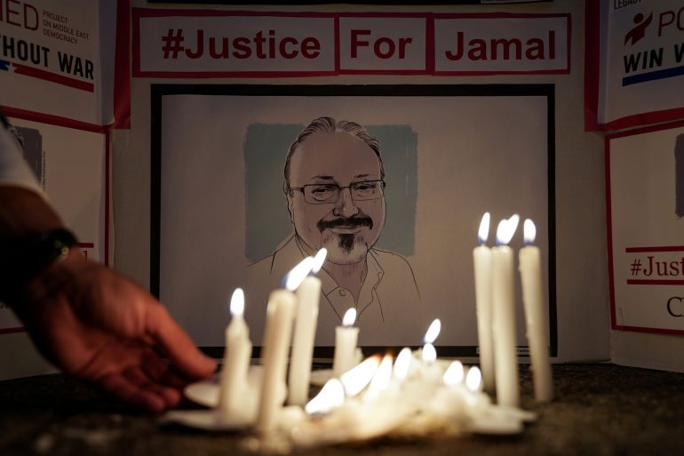 The Committee to Protect Journalists and other press freedom activists hold a candlelight vigil in front of the Saudi Embassy to mark the anniversary of the killing of journalist Jamal Khashoggi.