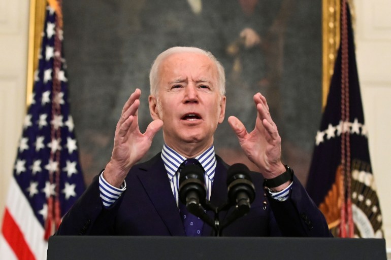 US President Joe Biden makes remarks from the White House after his coronavirus pandemic relief legislation passed in the Senate, in Washington, US. March 6, 2021 [Erin Scott/ Reuters]