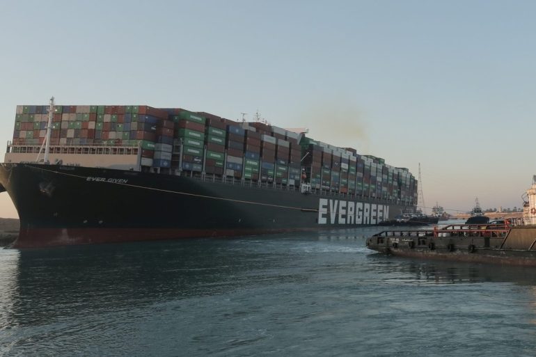 A view shows the container ship Ever Give after it was partially refloated [Suez Canal Authority via Reuters]